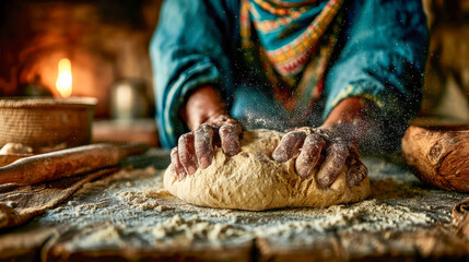 Fototapeta premium Traditional baker kneading dough by hand on a rustic wooden table with a fireplace in the background