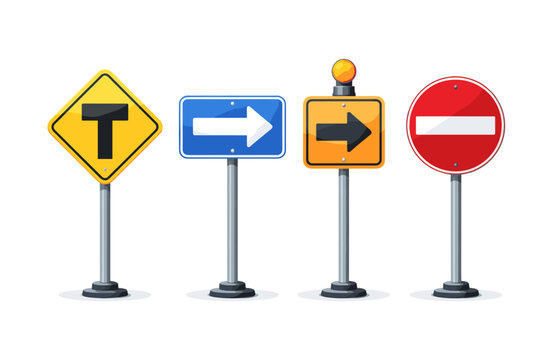 3D Vector Illustration Set of Traffic Road Signs Including Dead End, One Way, Detour with Light, and No Entry Symbols Isolated on White Background for Street Safety, Navigation, and Highway Design