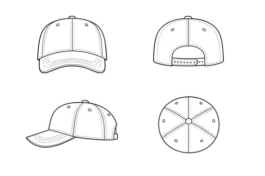 Baseball Cap Outline Template with Front, Back, Side, and Top Views for Custom Headwear Design and Apparel Mockup. Vector Illustration of a Classic Snapback Hat Technical Drawing for Branding