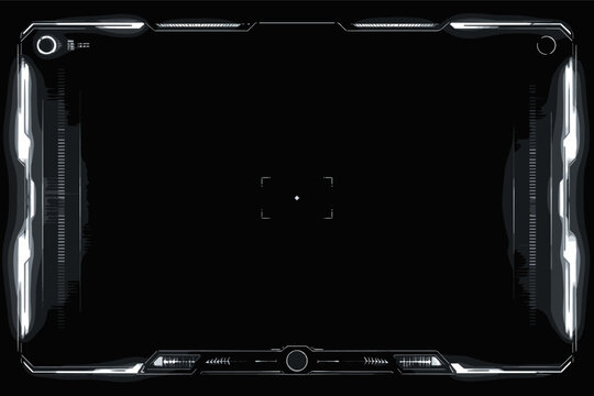 Futuristic Video Camera Frame Overlay with Sci-Fi HUD Elements, Digital Technology Interface for Video Signal Transmission, High-Tech Cinematic Screen Border Template for Gaming and Sci-Fi Media.