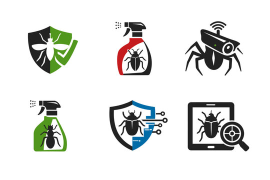 Pest control and cybersecurity icon set featuring hybrid symbols merging insect silhouettes with security shields, spray bottles, surveillance cameras, and digital scanning tools for protection.