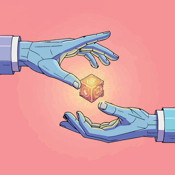 Robotic hands exchanging glowing digital cube on pink background, futuristic technology concept, square orientation vector illustration