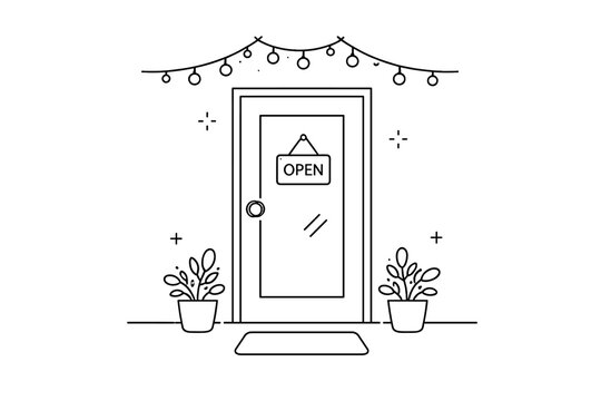 Simple line drawing of a storefront door featuring an open sign, festive string lights, and potted plants on the porch, ideal for small business, cafe, or boutique opening announcement concept.