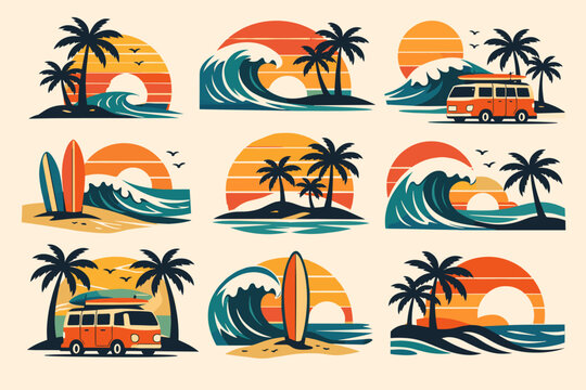 Vintage Style Surf and Tropical Paradise Vector Graphics Collection with Palm Trees, Crashing Ocean Waves, Retro Sunsets, Surfboards, and Classic Travel Vans for Summer Beach Apparel Designs
