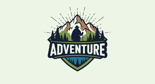 Adventure logo with mountains, trees, and a hiker silhouette.