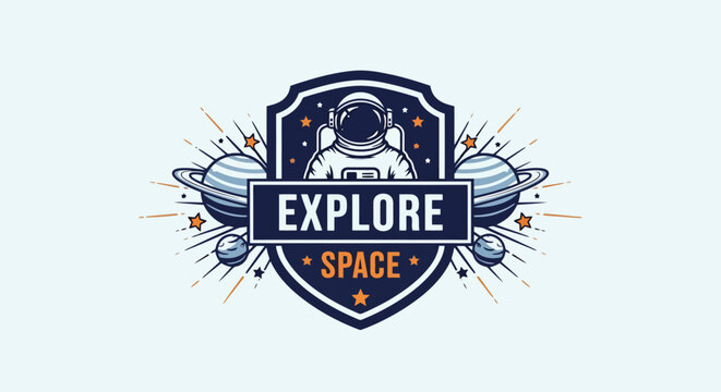 Astronaut in space exploration badge with planets and stars.