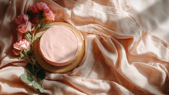 Flat lay with curved linen fabric guiding the eye toward the cake, pastel peach surface, soft natural light