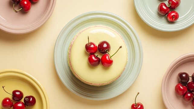 Flat lay with pastel ceramic bowls holding extra cherries placed around the cake, pale yellow background, balanced spacing