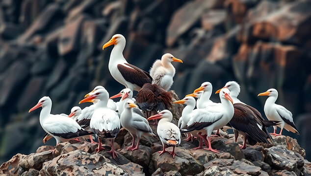 World war colony of white booby birds with orange beaks perched on dark volcanic rocks in nature