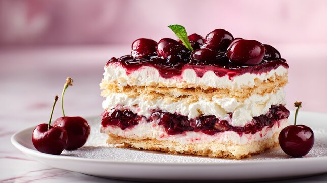 Premium cherries and cream icebox cake hero shot, perfectly structured layers, glossy cherry topping, placed on a harmonious pastel spring background, soft studio lighting