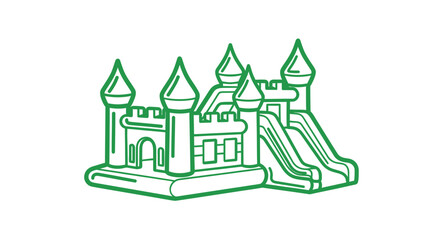 Fototapeta premium Green Line Art Bounce House Castle with Slide, Party Fun Icon