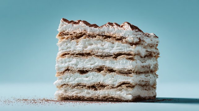 Tall layered icebox cake slice photographed from a slight side angle, pastel sky-blue background, soft light emphasizing height and structure