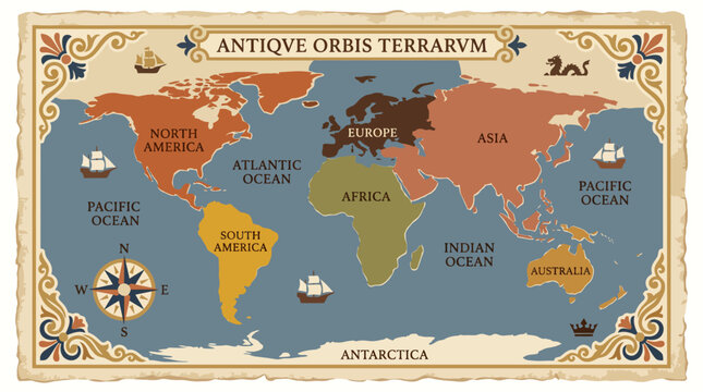 Vintage world map with decorative elements.
