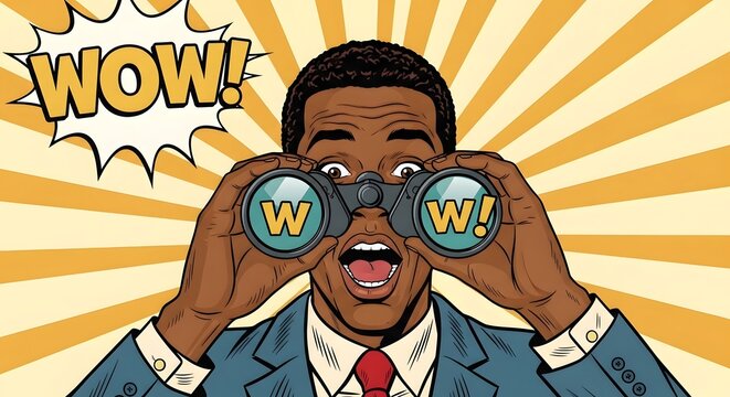 Surprised African American Man Looking Through Binoculars with Wow Speech Bubble.