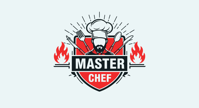 Master Chef Logo with Chef Hat and Cooking Utensils.