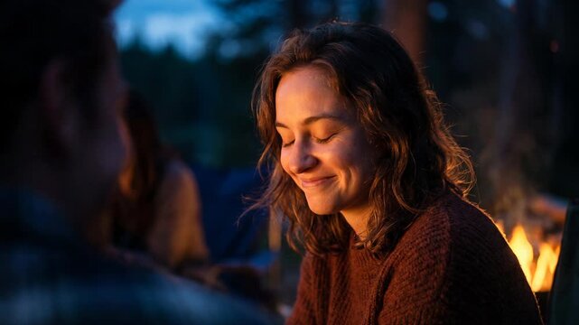 Adult female person finds joyful contentment enjoying warm campfire flames outdoors. Contemplative woman, serene in evening night, reflects by glowing fire, tranquil moment of peaceful relaxation