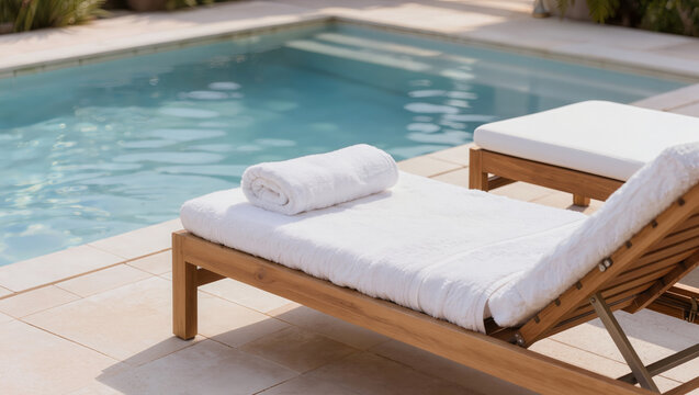 Wooden sun lounger with white towels next to a clean swimming pool. Concept of summer vacation, luxury resort, poolside relaxation, hotel spa services, and outdoor leisure