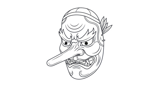 Tengu Mask Line Art: Japanese Folklore, Traditional Noh Theatre, Supernatural Being