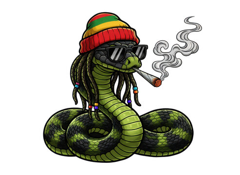 Green snake wearing rastafarian hat smoking cigarette