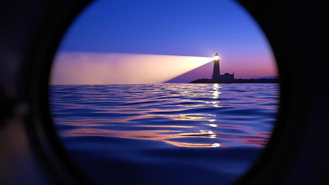 Viewing a distant lighthouse beam across the ocean at twilight through a submarine periscope lens