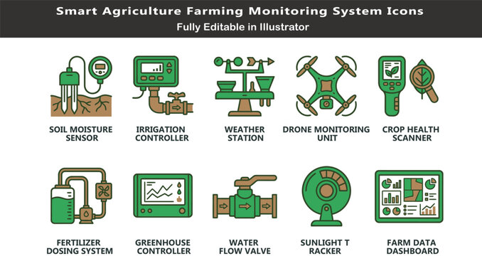 Smart agriculture vector icons set, top view farming monitoring system, soil sensor, irrigation controller, drone, crop health scanner, farm dashboard