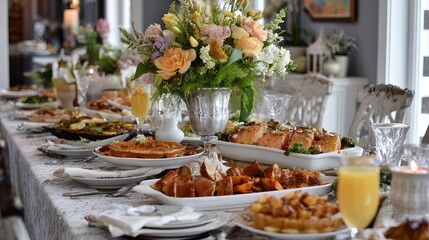 Fototapeta premium Mother's day brunch table with homemade dishes floral centerpiece