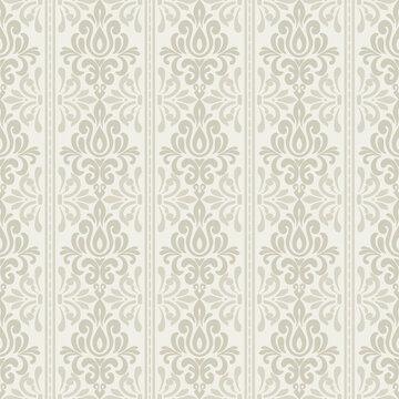 Elegant damask seamless pattern with vertical ornaments in a classic beige damask seamless pattern for luxury hotel wallpaper, elegant textile design, and classic home decor.
