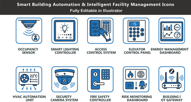 Smart building automation vector icons set, top view facility management system, IoT gateway, HVAC, access control, energy dashboard CAD design