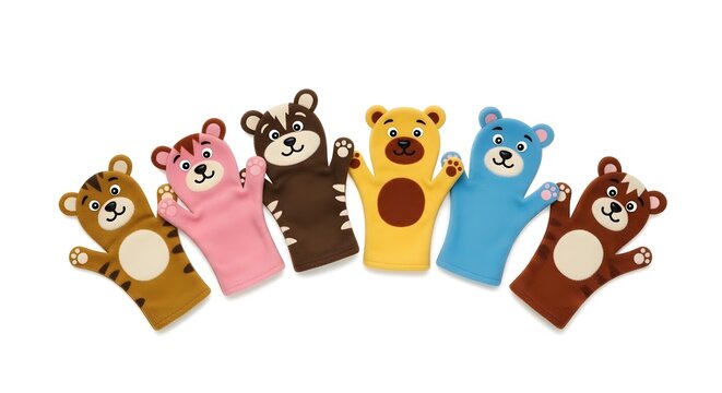 Collection of Five Adorable Animal Hand Puppets for Childrens Play.