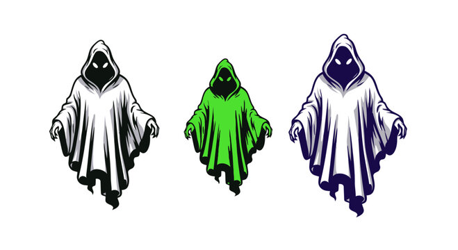 Three hooded figures with glowing eyes, ghost, specter, phantom, spooky, Halloween, horror