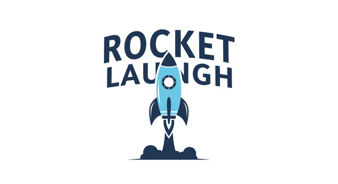 Illustrated blue rocket launching with "Rocket Laugh" text in logo design