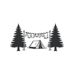 Camping tent in a forest with clothes drying on a line between two pine trees hand drawn black and white illustration © azad