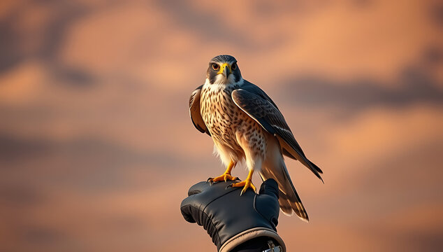 World war a majestic peregrine falcon perched on a falconers gloved hand against a sunset sky