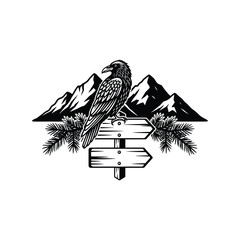 Obraz premium Black raven bird perched on a wooden signpost with pine trees and mountain peaks in a vintage engraved style illustration