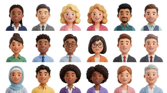3D vector illustration of smiling people close up portraits set. Cute business men and women avatars, multi ethnic male and female characters faces.