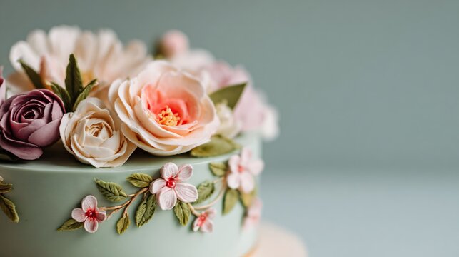 Flat lay of wedding cake detail with floral icing on pastel sage surface, soft diffused light