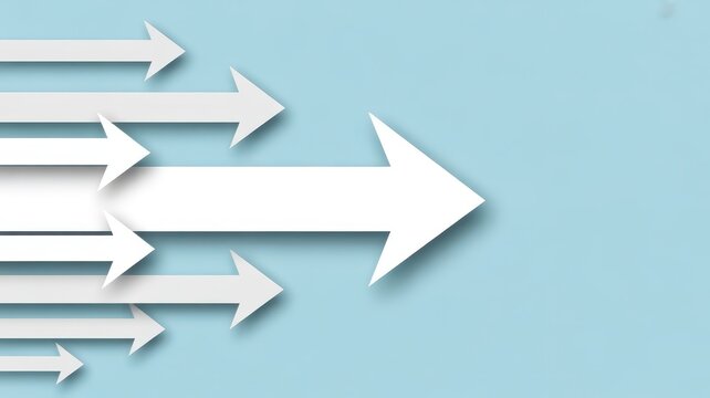 White arrow pointing right surrounded by smaller white arrows on a light blue background representing leadership and direction