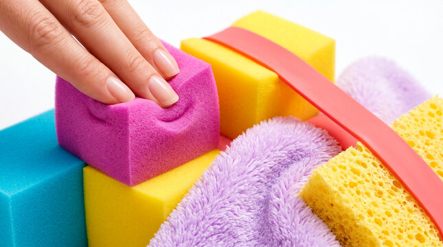 Ultra vibrant high-key studio photo featuring colorful tactile materials including soft fluffy fabric