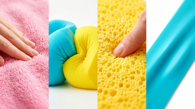 Ultra vibrant high-key studio photo featuring colorful tactile materials including soft fluffy fabric