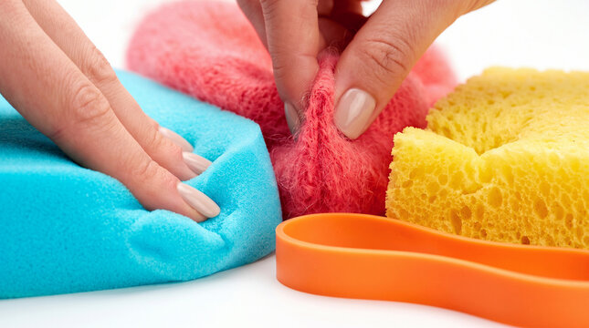 Ultra vibrant high-key studio photo featuring colorful tactile materials including soft fluffy fabric
