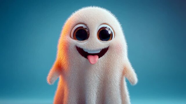 Playful fluffy white ghost character smiling and sticking its tongue out on a blue background