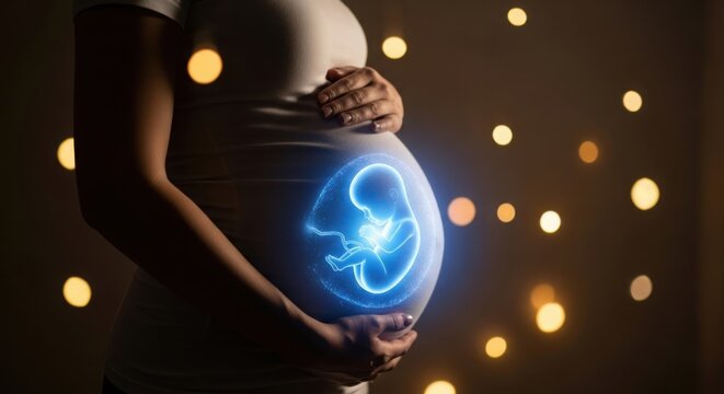 Expectant mother's glowing belly with neonatal silhouette
