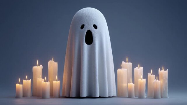 Funny cartoon ghost character floating between lit candles for a spooky halloween celebration