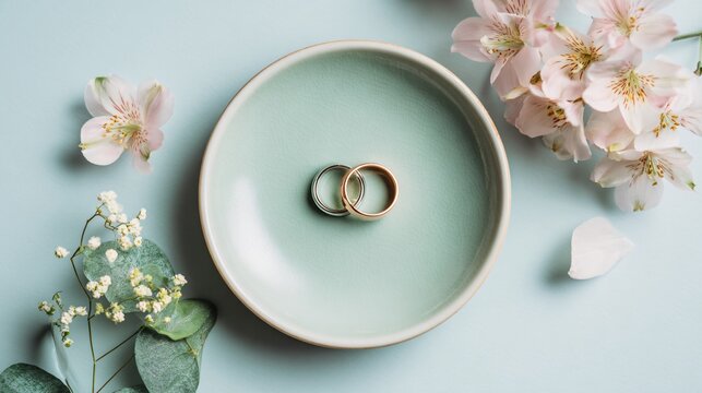 Flat lay of wedding rings placed on a ceramic dish on pastel mint background, surrounded by minimal floral accents, clean and modern composition