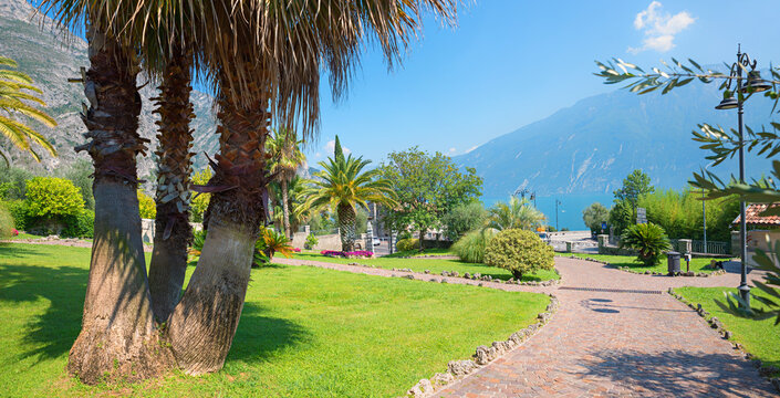 walkway through public park with palm trees, tourist resort Limone, italy