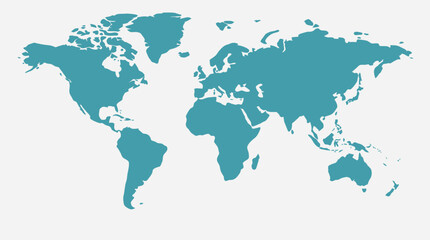 Fototapeta premium Teal colored world map on white background.