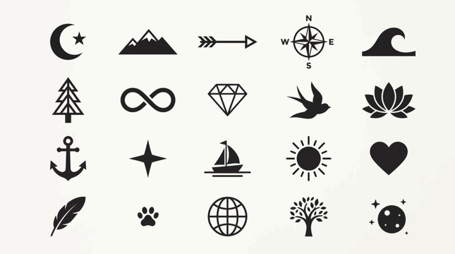 Collection of various symbolic icons and signs.