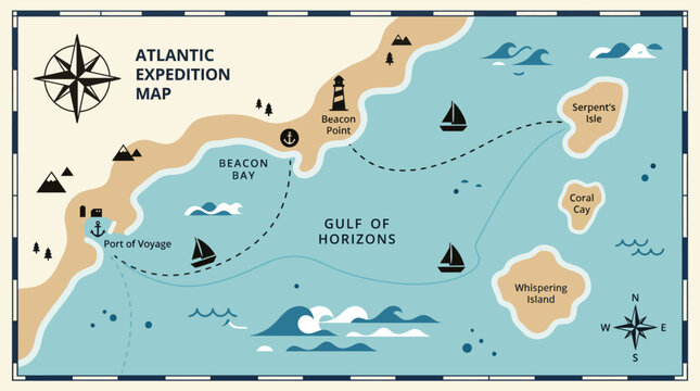 Illustrated vintage atlantic ocean expedition map.