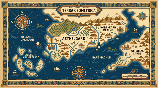 Vintage fantasy world map illustration.