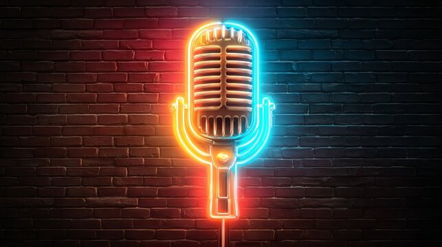 Glowing podcast neon sign with microphone silhouette, colorful modern studio wall, bright branding concept